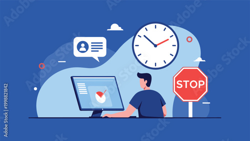 Employee works at a computer with a large clock overhead and a stop sign to manage work time and deadlines.