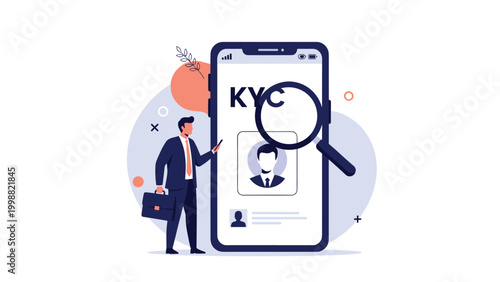 Man in a suit stands next to a giant smartphone showing a KYC identity verification screen with a magnifying glass.