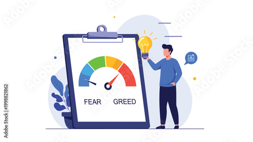 Professional investor holding an idea light bulb while analyzing a market sentiment gauge showing fear and greed index.