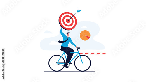 Businessman riding a bicycle while holding a target with an arrow hitting the bullseye representing goal achievement and success.