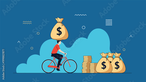 Man rides a bicycle with a heavy money bag on his head to represent the burden of financial wealth and success.