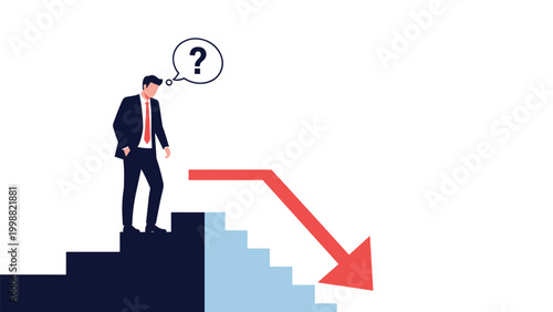 Depressed businessman looking at a red arrow pointing downwards over stairs representing economic recession and financial failure.