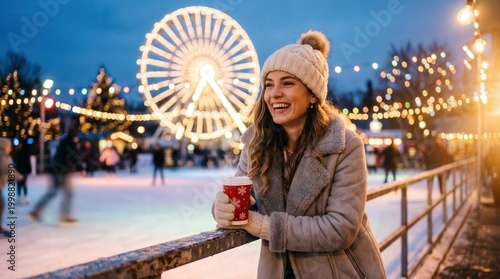A woman smiles while leaning on the railing of an ice skating rink surrounded by twinkling lights. Skaters glide in the background on a chilly winter 