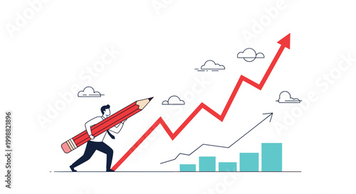 Ambitious businessman in a suit pushing a giant red pencil upward to draw a rising growth graph with bars and clouds.