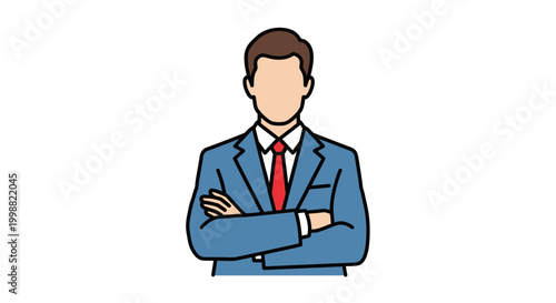 Minimalist vector illustration of a faceless businessman in a blue suit with a red tie, arms crossed, standing confidently, suitable for business, finance, and office-related design projects