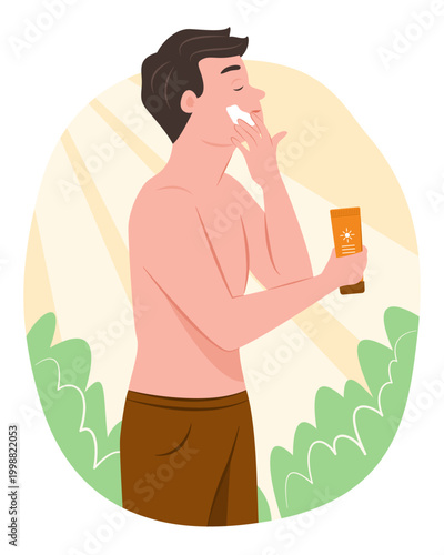 Young Man Apply Sunscreen Lotion on Face before Sunbathing for Summer Vacation and Outdoor Recreation Lifestyle Concept Illustration Clip Art