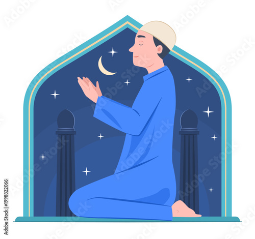 Muslim Man Praying to the God in Mosque on Nighttime for Islamic Religious Ritual Concept Illustration Clip Art