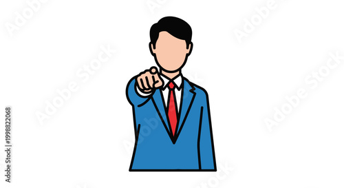 Business professional in a stylish blue suit with a red tie extends arm, pointing and singling the viewer out in a flat, minimalist vector style with a white background, representing choice 