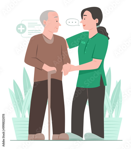 Physiotherapist Nurse Rehabilitates Male Older Patient to Training for Walking for Healthcare and Therapy Procedure Concept Illustration Clip Art