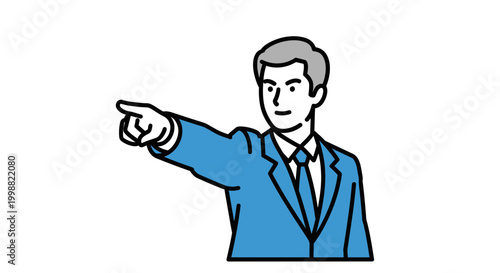 A vector outline of a smartly dressed businessman with gray hair, in a modern business suit, pointing with his index finger towards the left side in a dynamic gesture, on a clean white backg