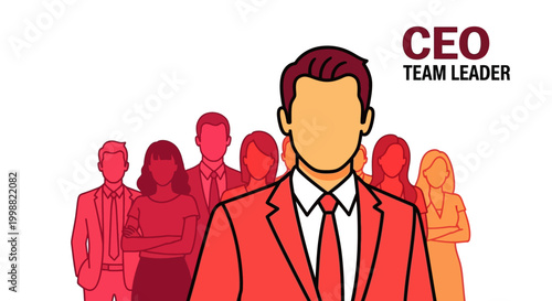 A stylized vector depiction showcasing a confident CEO and team of business professionals, set against a pristine white background. Emphasizing leadership and teamwork, with strong graphic e