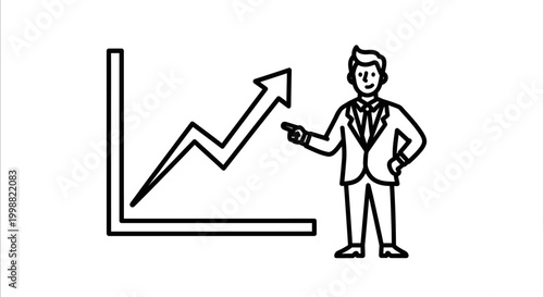 Business professional pointing at a rising financial graph, signifying growth and success in a linear, minimalistic line art style against a clean white background, conveying positive econom