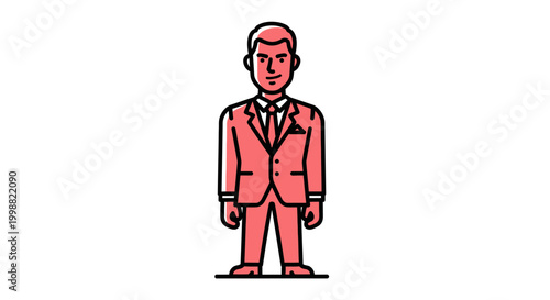A flat, outlined illustration of a professional businessman in a red suit stands confidently against a clean white background, representing corporate identity and business attire