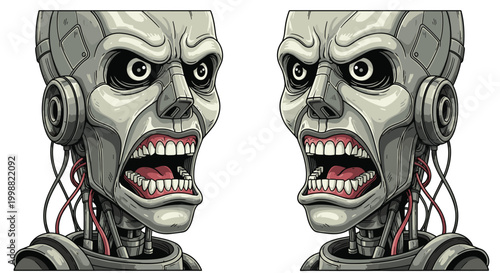 Two identical mirrored cyborg or robot heads with aggressive expressions, glowing eyes, and exposed mechanical teeth.