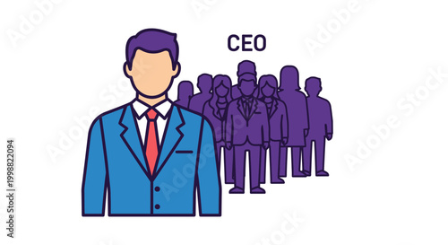 A modern, flat design style executive leader, identified as the CEO, stands confidently in front of a team of anonymous staff members, symbolizing leadership, hierarchy, and corporate teamwo