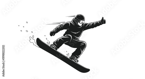 Dynamic black and white illustration of a snowboarder jumping through the snow and giving a positive thumbs up gesture.