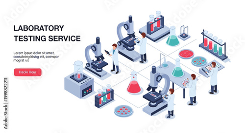 Isometric illustration of a modern laboratory testing service with scientists conducting various experiments and research using advanced equipment.