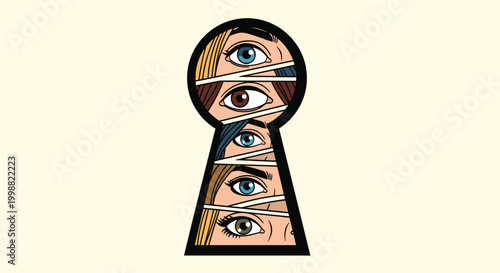 Several pairs of expressive eyes peeking through the silhouette of a black keyhole against a light cream background.