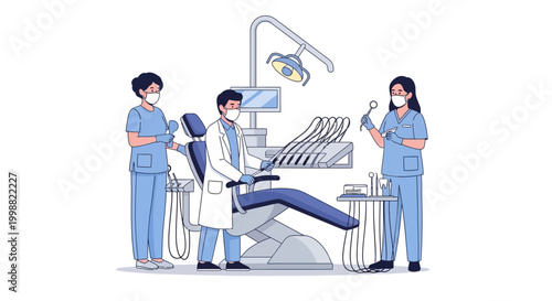 Dentist and two assistants in a modern dental office with chair and medical equipment, ready for patient care.