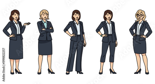 Diverse Professional Women In Business Attire Standing Together Displaying Different Poses And Outfits Representing Corporate Environment And Teamwork