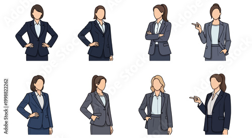 Diverse female professionals in business suits standing in various confident poses illustrating teamwork and corporate career success concepts