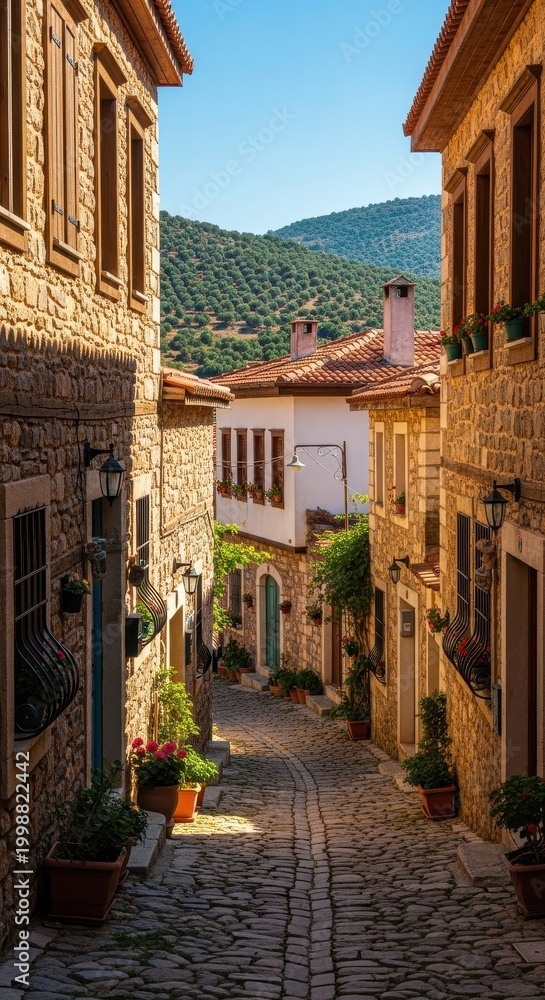 Fototapeta premium Picturesque Alleyway in Charming Historic Town with Stone Buildings.