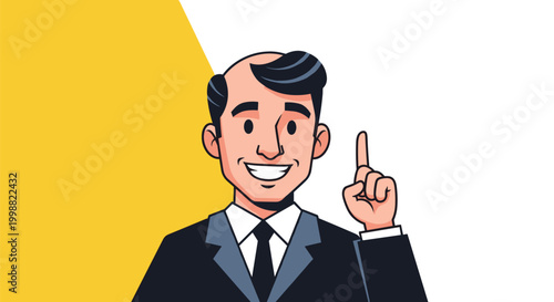 Smiling bald businessman in a black suit pointing his finger up as if he just had a great idea or found a solution.