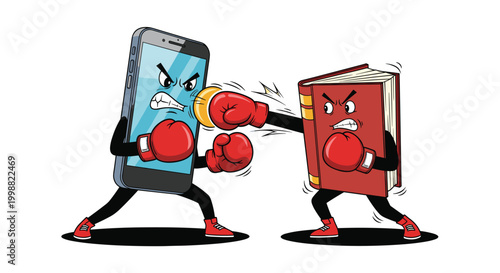 Creative illustration of a personified smartphone and a hardcover book fighting in a boxing match with red gloves.
