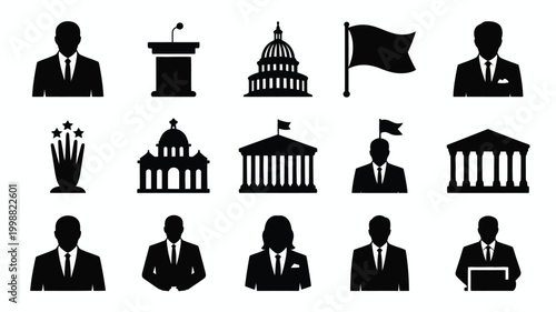 Collection of black silhouette icons representing government politics and public speaking featuring officials buildings and symbols of authority on a white background vector art