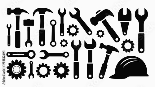 Diverse collection of black silhouette workshop tools including hammers wrenches gears and a safety helmet isolated on a clean white background representing construction repair