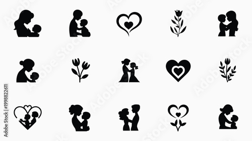 Collection of elegant silhouette icons representing love family motherhood and romance featuring stylized hearts and floral motifs in black and white against a clean minimalist
