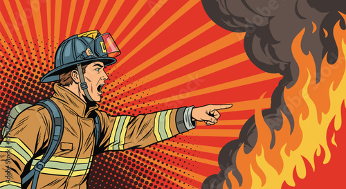 Brave firefighter in full gear and helmet shouting and pointing towards a large fire with dark smoke on a red background.