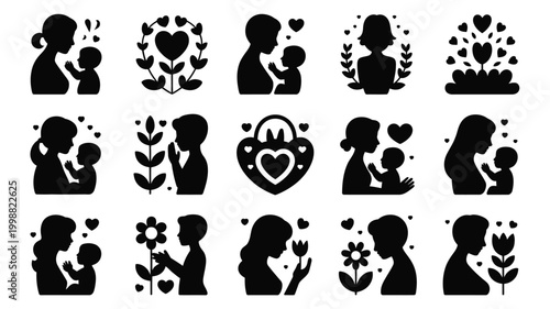 Collection of motherhood silhouette icons celebrating love and family bonds featuring mothers holding babies and children floral elements and heart motifs for design projects