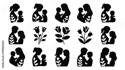 Elegant vector silhouettes mother and child embracing with floral accents symbolizing love nurturing and family bonds in a clean modern aesthetic for design projects