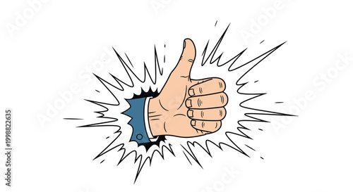 Hand in a blue suit sleeve giving a positive thumbs up gesture through a white paper burst or impact explosion.