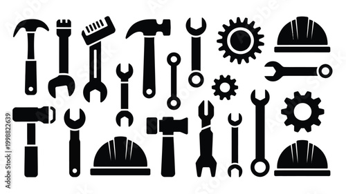 Collection of black silhouettes of construction tools and safety helmets including hammers wrenches gears and hard hats representing industry and diy projects on a white background