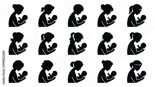 Collection of 15 diverse black silhouette icons depicting mothers holding newborn babies showcasing love nurturing and family bonds in a clean minimalist style on white background