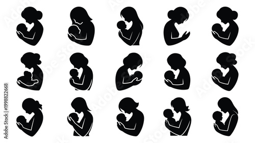 Collection of 15 minimalist black silhouettes depicting mothers holding newborn babies in various tender poses symbolizing love nurturing parenthood and family bonds