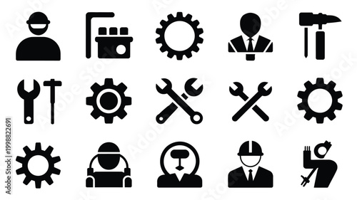 Diverse collection of black silhouette icons representing labor industry and professional work including tools gears and worker figures with hard hats and suits symbolizing