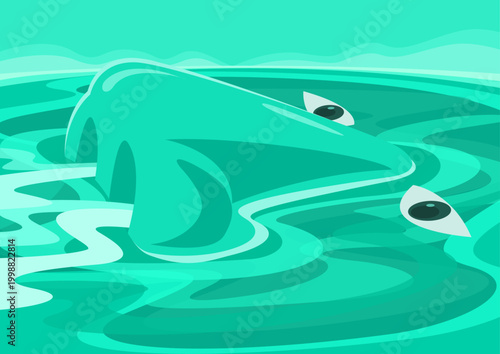 Surrealism illustration of a floating nose and eye-like simple shapes in a turquoise sea, conveying a sense of loneliness and isolation.