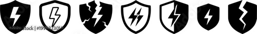 Set of broken shield with lightning bolt icons representing security breach data protection failure and danger useful for cybersecurity warnings alert systems error messages