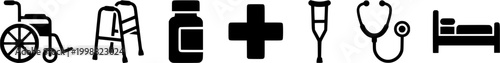 Healthcare symbols including wheelchair, walker, medicine bottle, and medical cross for wellness and accessibility design projects
