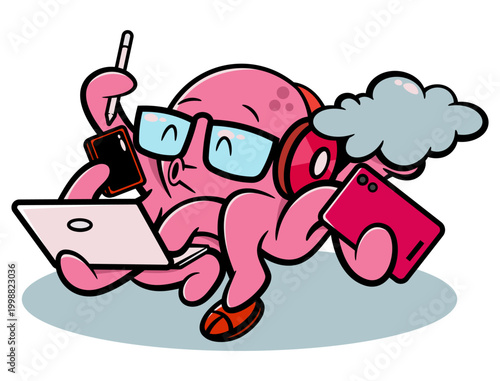 Cute Octopus Multitasking Using Multiple Gadgets and Smart Glasses
