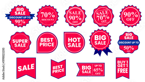 Collection of red sale tags and labels with various discounts and offers, discount promotions, commerce marketing, shopping collection advertisement typography, percentage, geometric.