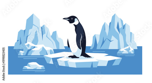 Penguin standing on ice floe surrounded by glaciers in cold water habitat