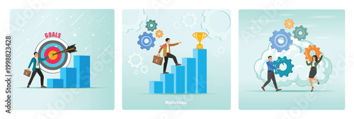 Business Leader Striving For Goals. Businessman Climbing Bar Chart Toward Trophy. Collaboration.