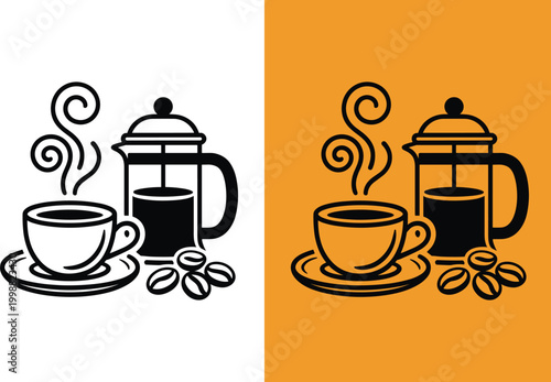 Black line coffee cup, french press, and beans