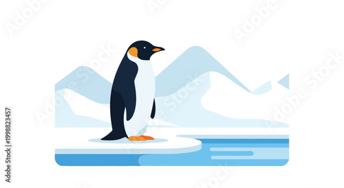 Penguin standing on ice floes in Antarctica landscape with mountains