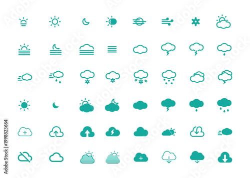 Weather Icons Set Vector Collection – Modern Cloud, Rain, Snow, Sun, Wind Forecast Line & Solid Symbols Pack