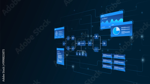 AI workflow automation artificial intelligence. ai agent network diagram with data pipelines, analytics panels, and software architecture in futuristic blue interface.